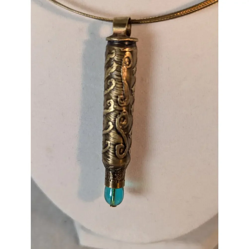 Bullet pendant necklace hand acid etched brass with glass bead wire neck;ace NIB